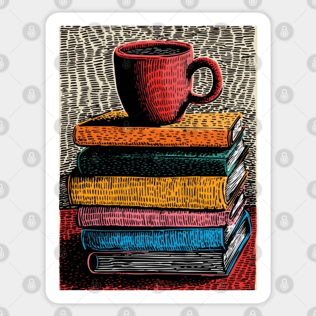 Books and Coffee | Cozy Reader Woodcut Illustration Sticker by TuncGK